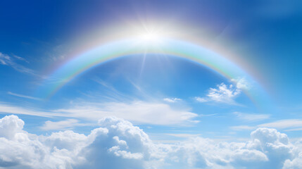 Bright blue sky with halo of sun, clouds and rainbow