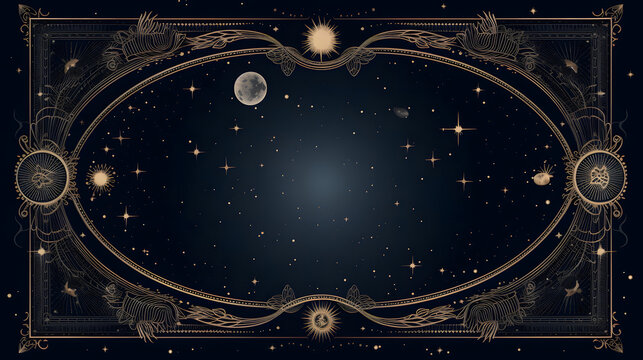 Mystic celestial background with moon, stars, sun, and copy space. Magical background