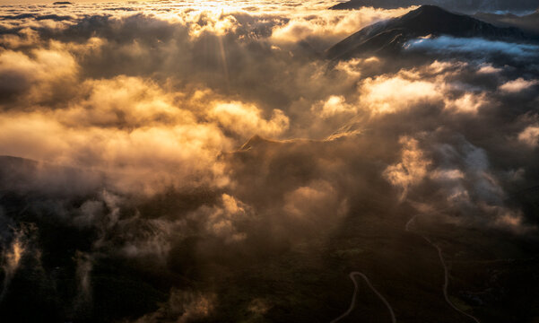 Aerial view of Thirsty Monster mountains range at sunset, Northern Spain, Spain.