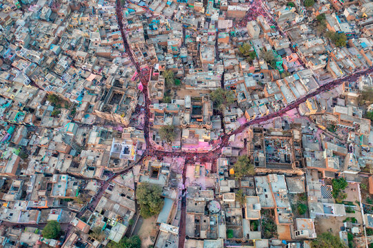Aerial view of Shri Raas Bihari Temple during the Holy colour festival in Barsana, Uttar Pradesh, India.
