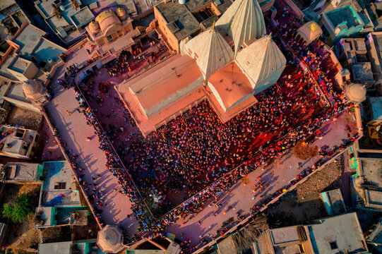 Aerial view of Shri Raas Bihari Temple during the Holy colour festival in Barsana, Uttar Pradesh, India.