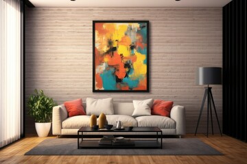 An elegant wall arrangement, featuring a striking abstract painting encased in a chic black frame, enhances the artistic ambiance of the room. Generative AI