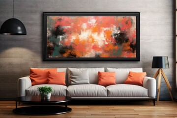 A stylish black frame showcases a mesmerizing abstract artwork, lending a creative flair to the space on the wall. Generative AI