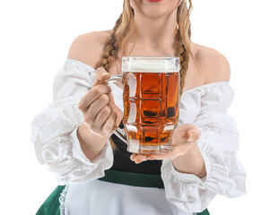 Beautiful Octoberfest waitress with beer on white background, closeup