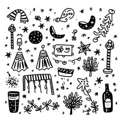 New year doodle hand drawn party element set