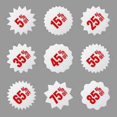 Price tags collection, special offer or shopping discount label with percent, discount percentage value. White turned retail paper sticker. Promotional sale badge. Vector illustration