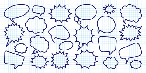 Hand drawn comic speech bubbles on checkered paper sheet. School notebook for drawing. Simple retro cartoon stickers. Chatting, message box. Vector illustration