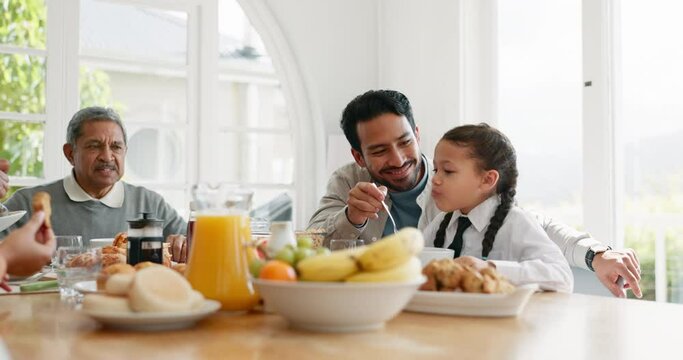 Breakfast, relax and morning with big family at table for food, gratitude and wake up. Love, support and brunch with people eating in dining room at home for nutrition, wellness and health