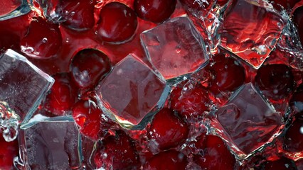Super Slow Motion Shot of Water Wave Splashing on Cherries and Ice Cubes at 1000fps.