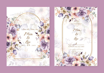 Floral wedding invitation template set with elegant brown leaves decoration. Botanic card design concept
