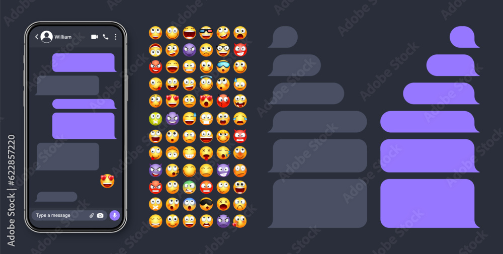 Wall mural Smartphone messaging app, user interface with emoji. SMS text frame. Chat screen, violet message bubbles. Texting app for communication. Social media application. Dark mode. Vector illustration