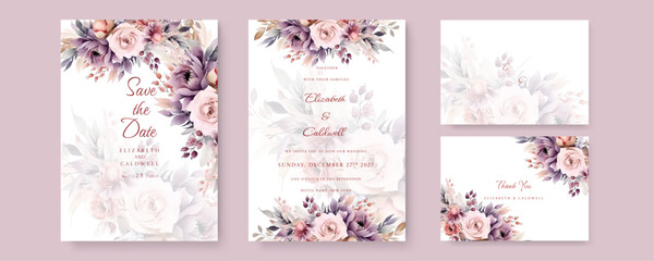 Wedding invitation template set with pink and peach dried floral and leaves decoration. Botanic card design concept