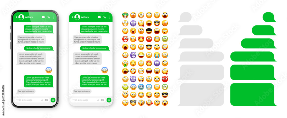 Wall mural smartphone messaging app, user interface design with emoji. sms text frame. chat screen with green m