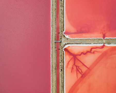 Aerial view of pink salt marshes near Salin de Giraud, Provence, France.