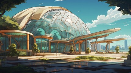Greenhouse in the park. AI generated art illustration.