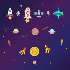 Set of space elements for children textile print. Vector doodle style illustration. Rocket, planet,star,ufo,comet, space satellite, astronaut. Print for kids activity book, textile. 