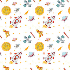 Seamless space pattern for children textile print. Vector doodle style illustration. Space for kids activity book. Rocket, planet,star,ufo,comet, space satellite. 