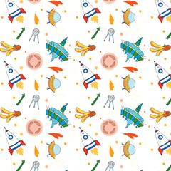 Seamless space pattern for children textile print. Rocket, planet,star,ufo,comet, space satellite.  Vector doodle style illustration. Space for kids activity book. 