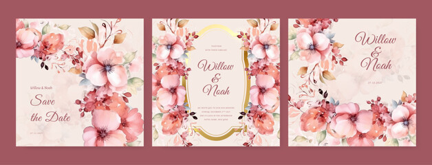 Spring Flower watercolor Wedding Invitation set, floral invite thank you, rsvp modern card Design leaf greenery branches with blue background decorative Vector elegant rustic template