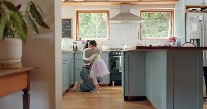 Ballet, girl and talking to mom in a kitchen together for support and motivation for dancer, ballerina or confidence. Tutu, skirt and hug from mother with love, bonding or pride in child in home