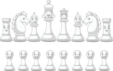 Set of chess white pieces cartoon
