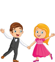 Cartoon little boy and girl dancing