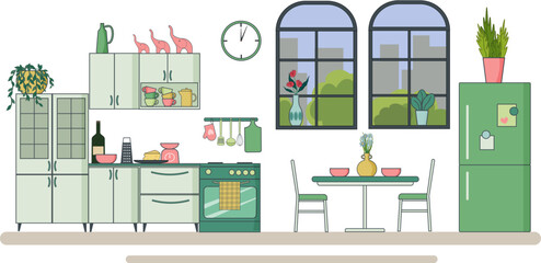 Kitchen interior and dining area with a window. Cabinets, dishes and microwave, refrigerator and stove, table and chairs. Vector. Flat linear illustration. For the design of flyers, brochures and