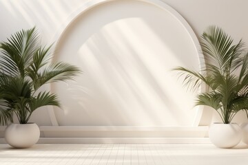 Fototapeta premium Abstract white studio background for product presentation. Empty room with shadows from windows and flowers and palm leaves. 3D room with copy space. Ai generative