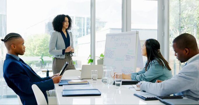 Coaching, questions and woman with business people at whiteboard for feedback, brainstorming or workshop. Planning, teamwork and mentorship, onboarding men and women with ideas for pitch or proposal.