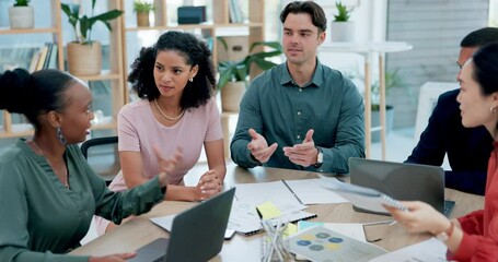 Creative people, meeting and planning with documents in team strategy, discussion or ideas at office. Diverse group of employees talking in project plan or collaboration with paperwork for startup