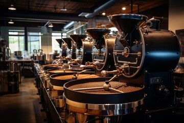 The bustling coffee roastery expertly roasts high-quality beans, filling the air with a rich aroma. Generative AI