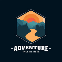 Vintage modern adventure logo with mountain view, river and pine trees. It is suitable for logos of adventurers, nature lovers, mountain climbers, brands, and others.