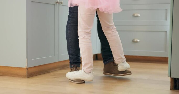 Dance, support and feet with father and daughter for ballet, creative and princess. Love, music and ballerina with closeup of man and young girl in family home for playful, learning and helping