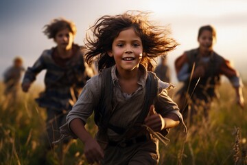 Countryside children running in the meadow - obrazy, fototapety, plakaty