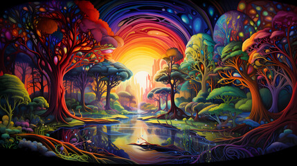 Fototapeta na wymiar ai generated of a fantastical and colorful wonderland landscape that is reminiscent of a Van Gogh painting, with towering trees and plants that are in a constant state of flux, the environment is fill
