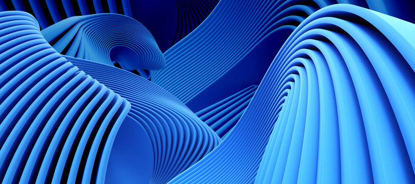 Blue waves. Background with wavy lines. Blue backdrop for site. Stylish wallpaper. Three-dimensional abstract background. Blue curved lines. Textures for advertising products. 3d image