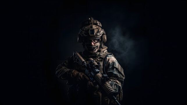 Armeesoldat in Kampfuniform mit Sturmgewehr, Plattenträger und Kampfhelm trägt, Shemagh Kufiya-Schal um den Hals. Studioaufnahme, dunkler Hintergrund,  Generative AI