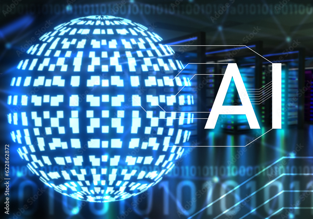 Poster ai technology. artificial intelligence. it development. ai logo near glowing ball. concept using art