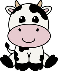 Cute smiling sitting baby cartoon cow vector graphic design
