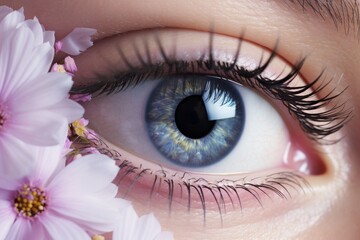 a close-up beautiful blue eye of a female person. natural growing floral pink and purple flowers in...