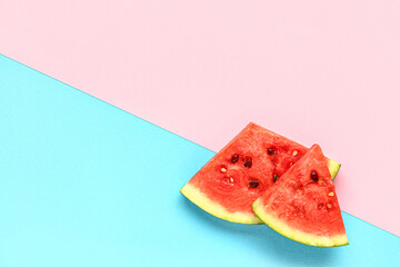 Pieces of fresh watermelon on colorful background
