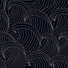 Great waves seamless pattern. Japanese style seascape ornament. Tide motif oriental wallpaper. Hand drawn design nautical print. Freehand background