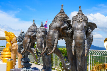 Elephant statues on the hilltop platform of the Great Buddha of Phuket overlooking Phuket island in Thailand
