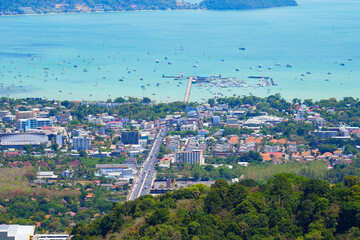 Fototapeta premium Aerial view of the Chalong Pier outside Phuket City in the Andaman Sea from the Big Buddha of Phuket, Thailand