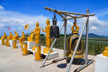 Sacred bell on the hilltop platform of the Great Buddha of Phuket overlooking Phuket island in...