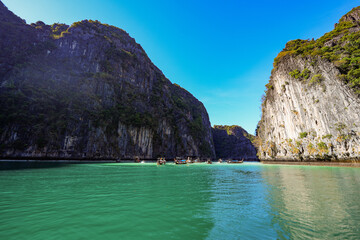 Pi Leh lagoon, surrounded by karstic limestone cliffs, is located on Koh Phi Phi Leh island in the...