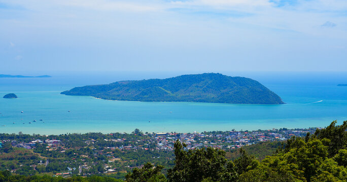 Aerial view of Ko Lon islet in the Andaman Sea from the Big Buddha of Phuket, Thailand