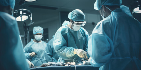 Operation. Surgeons at at medical hospital surgery room performing an operation. Hand edited generative AI.   - obrazy, fototapety, plakaty
