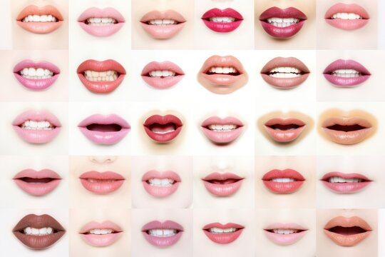 a big collection set of many different female mouth lips with teeth. isolated on white background. Generative AI