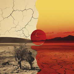 Drought Strikes the Environment - Dry Trees, Soil, and Lakes Dying with Heat Map Gradient Overlay - Climate Change and Global Warming Effects in Retro Collage Style - Water Shortage - Generative AI
